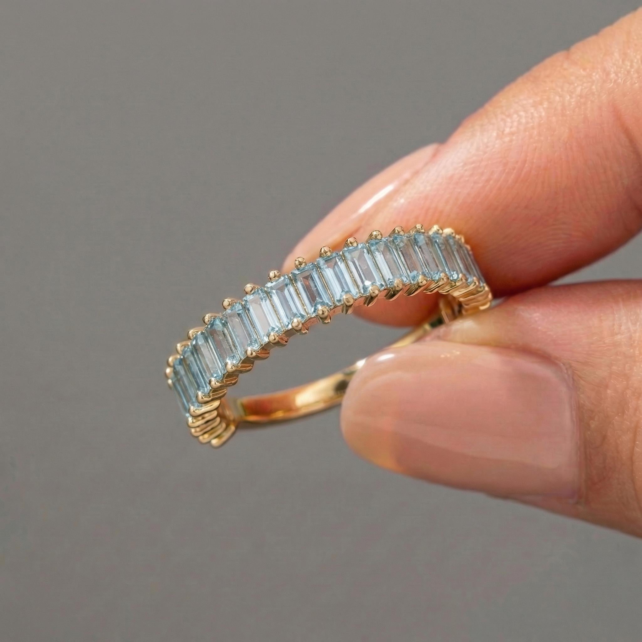 Baguette Aquamarine Wedding Band, 18K Gold Stackable Ring, Promise Ring Gift for Women, March Birthstone