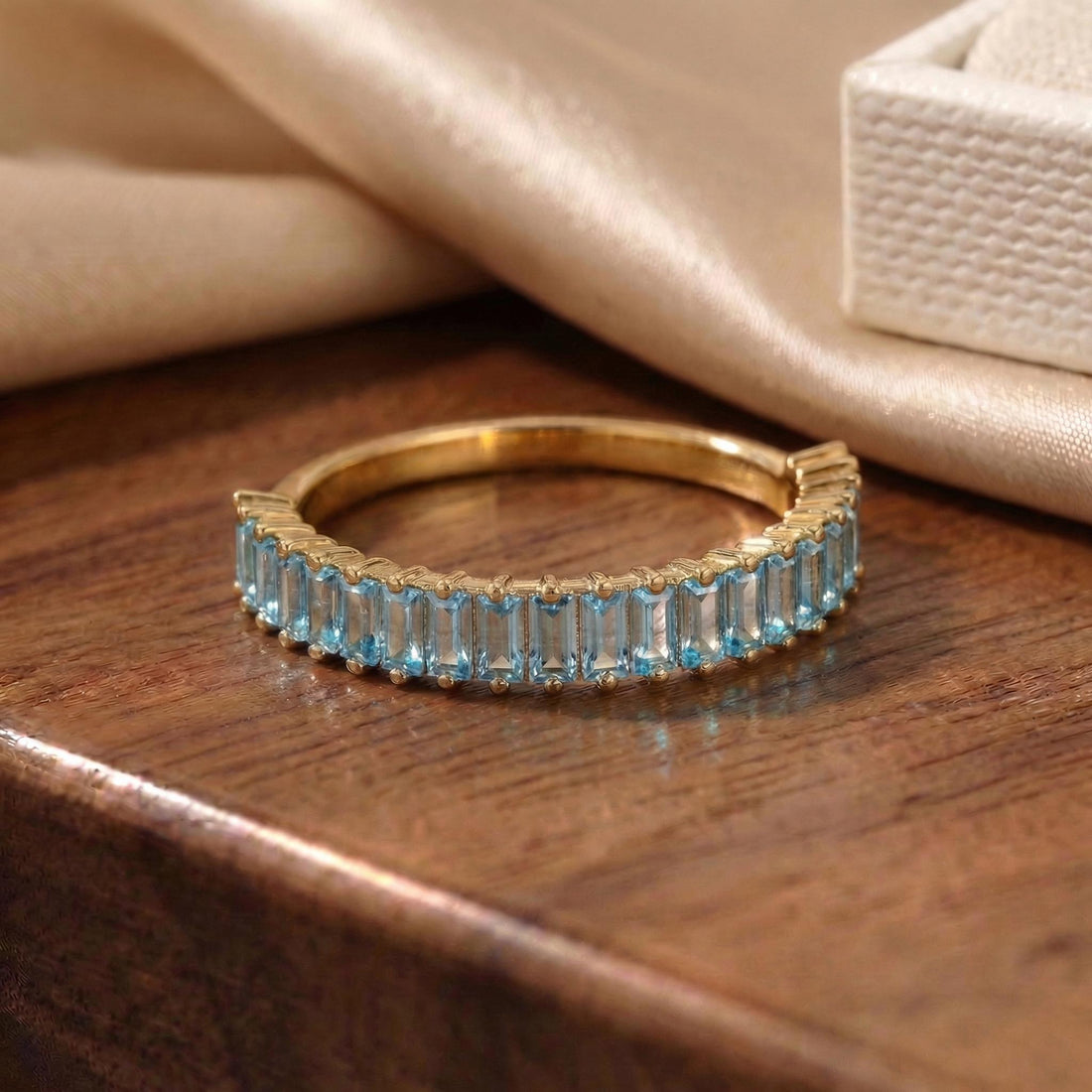 Baguette Aquamarine Wedding Band, 18K Gold Stackable Ring, Promise Ring Gift for Women, March Birthstone