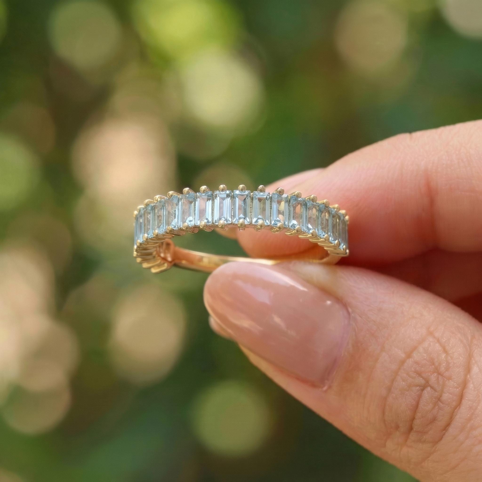Baguette Aquamarine Wedding Band, 18K Gold Stackable Ring, Promise Ring Gift for Women, March Birthstone