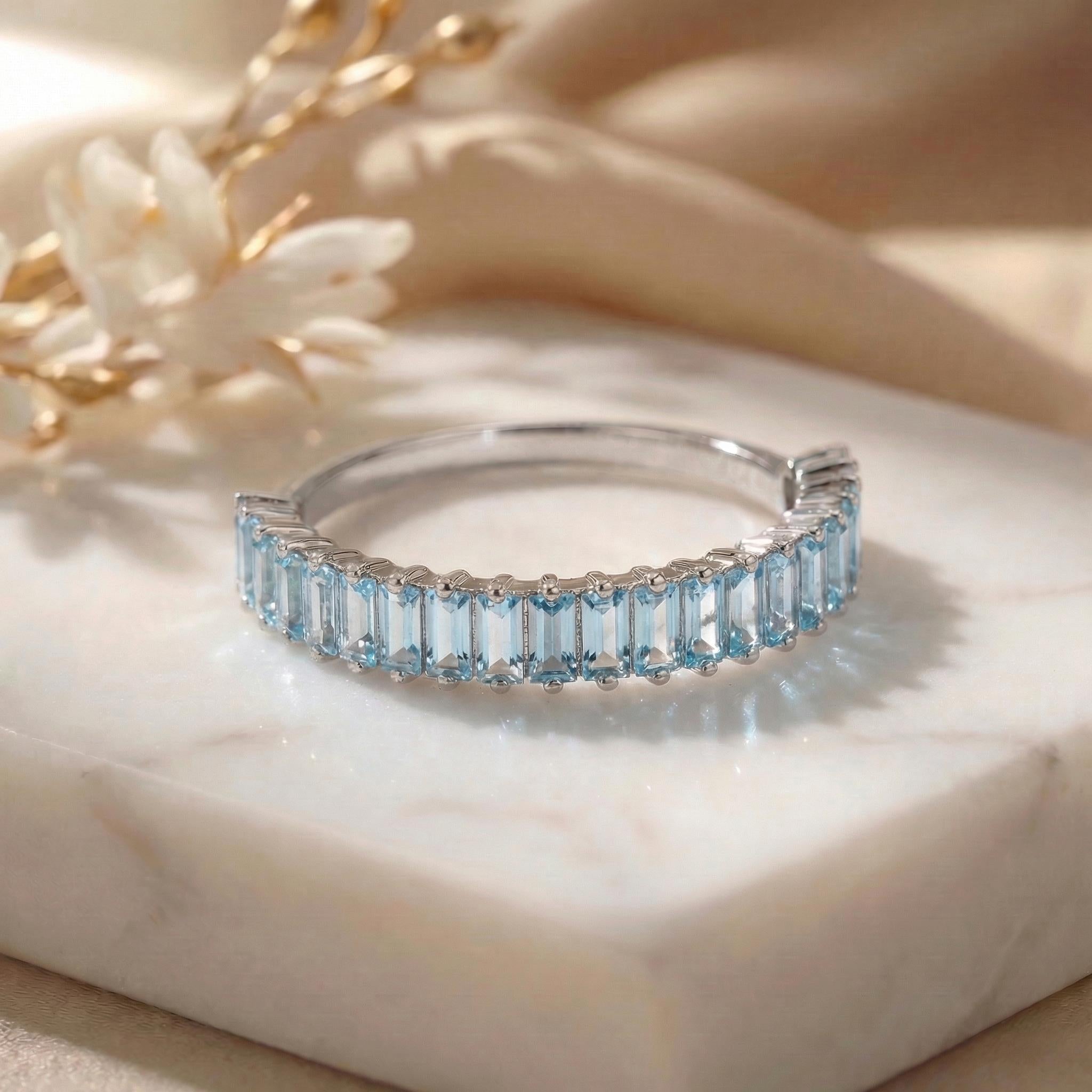 Baguette Aquamarine Wedding Band, 18K Gold Stackable Ring, Promise Ring Gift for Women, March Birthstone