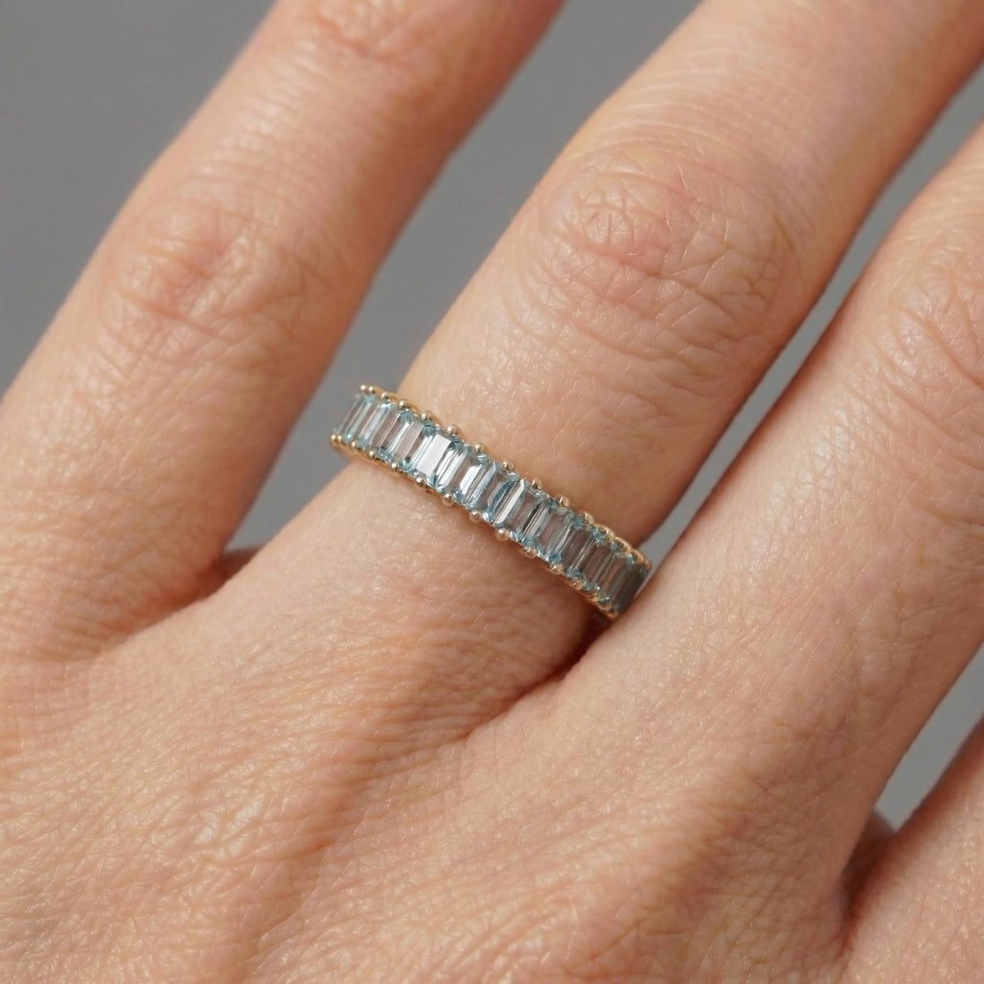 Baguette Aquamarine Wedding Band, 18K Gold Stackable Ring, Promise Ring Gift for Women, March Birthstone