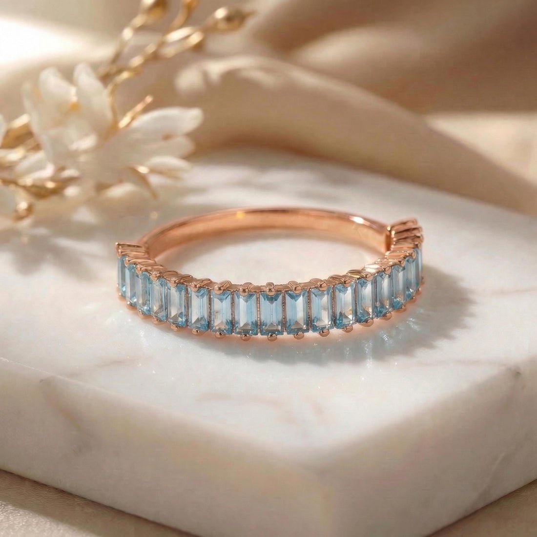 Baguette Aquamarine Wedding Band, 18K Gold Stackable Ring, Promise Ring Gift for Women, March Birthstone