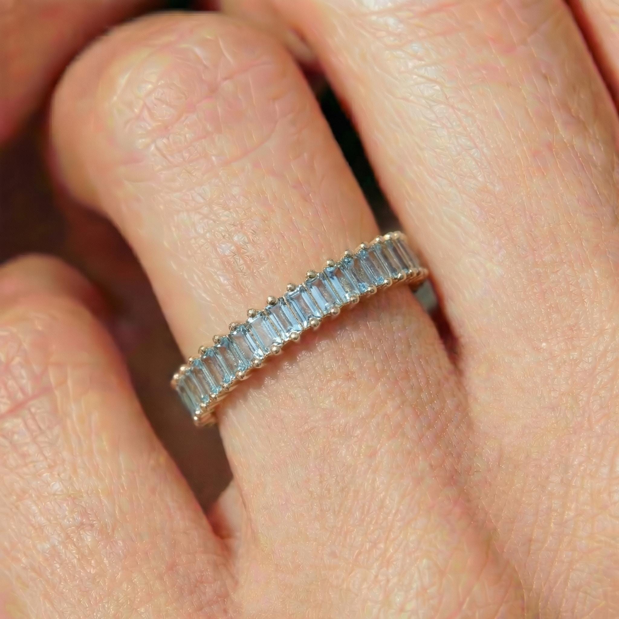 Baguette Aquamarine Wedding Band, 18K Gold Stackable Ring, Promise Ring Gift for Women, March Birthstone