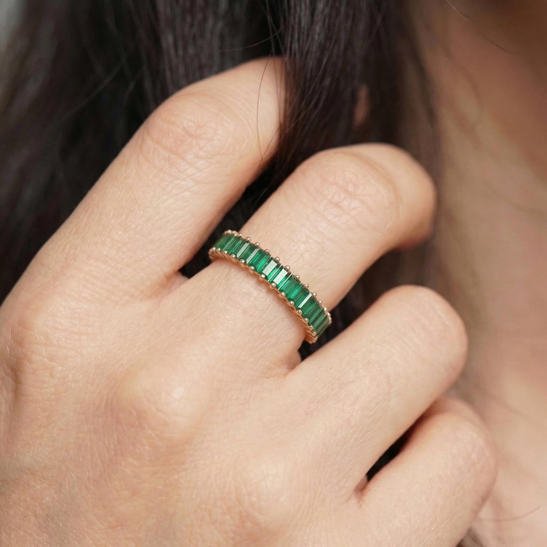 Baguette Emerald Wedding Band, 18K Gold Stackable Ring, Promise Ring Gift for Women, May Birthstone