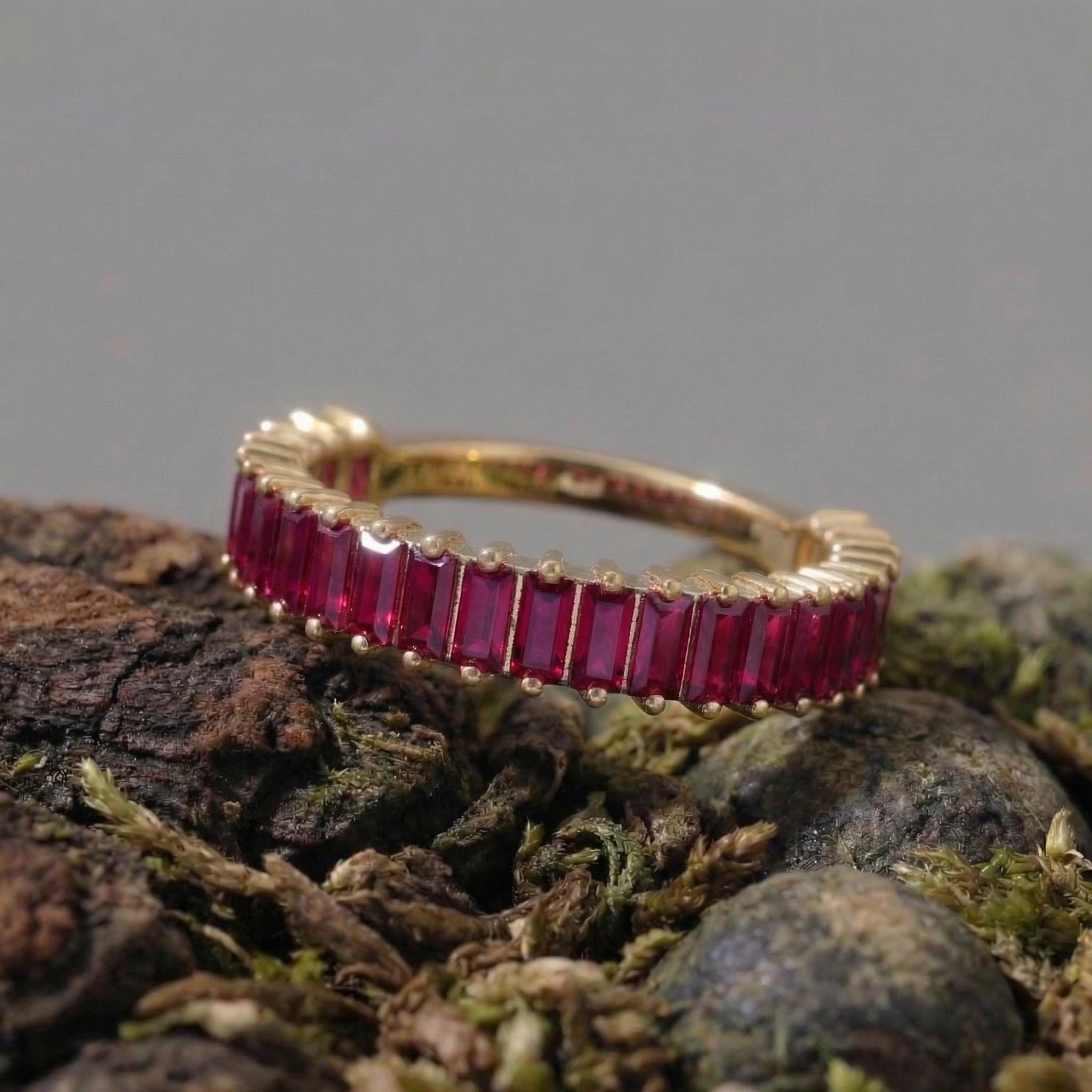 Baguette Ruby Wedding Band, 18K Gold Stackable Ring, Promise Ring Gift for Women, July Birthstone