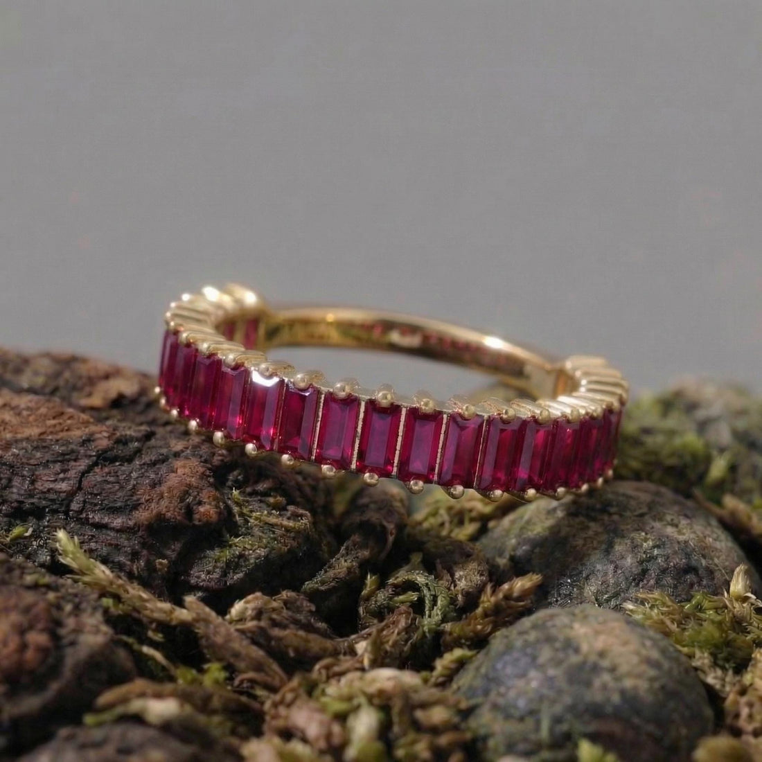 Baguette Ruby Wedding Band, 18K Gold Stackable Ring, Promise Ring Gift for Women, July Birthstone