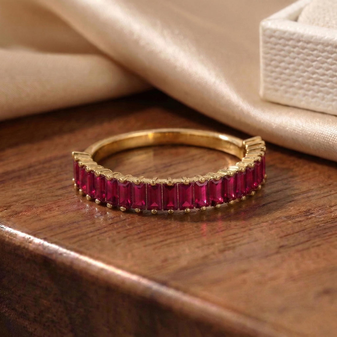 Baguette Ruby Wedding Band, 18K Gold Stackable Ring, Promise Ring Gift for Women, July Birthstone