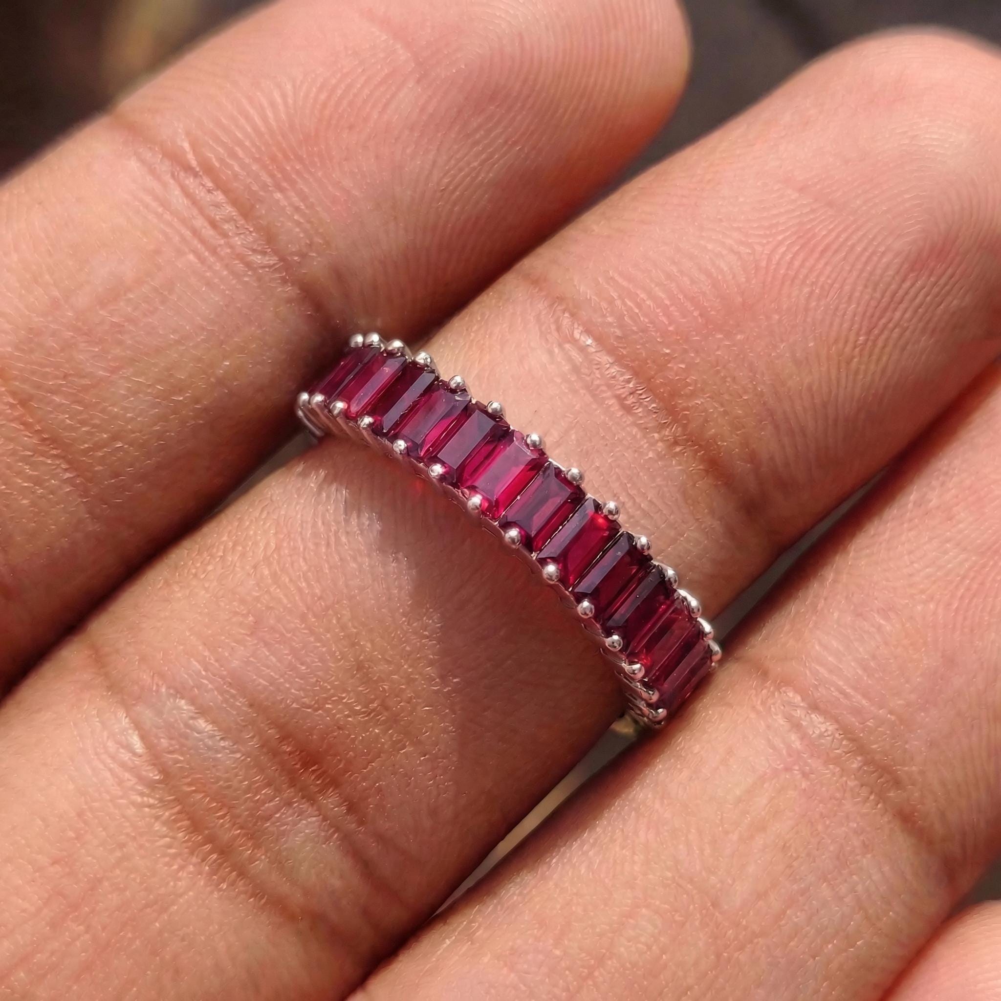 Baguette Ruby Wedding Band, 18K Gold Stackable Ring, Promise Ring Gift for Women, July Birthstone