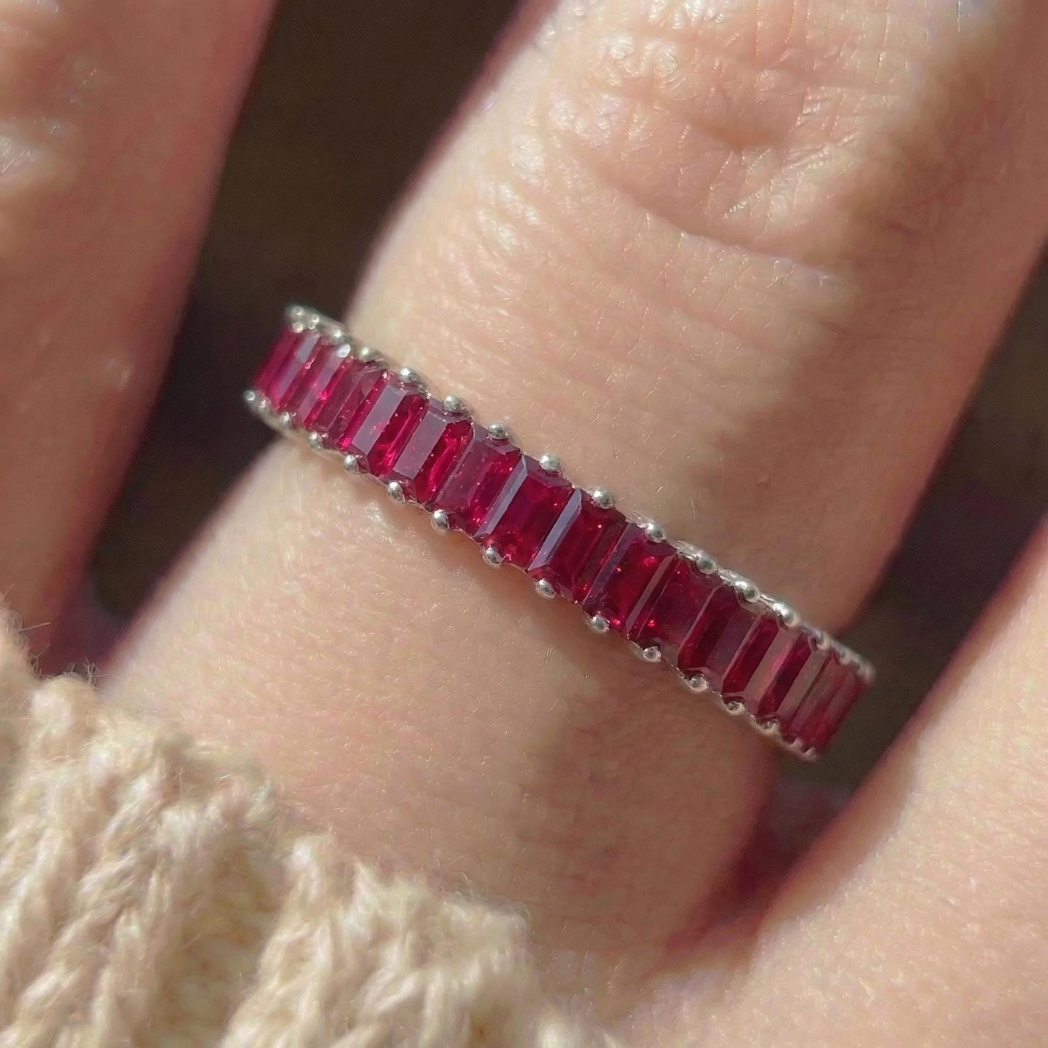 Baguette Ruby Wedding Band, 18K Gold Stackable Ring, Promise Ring Gift for Women, July Birthstone