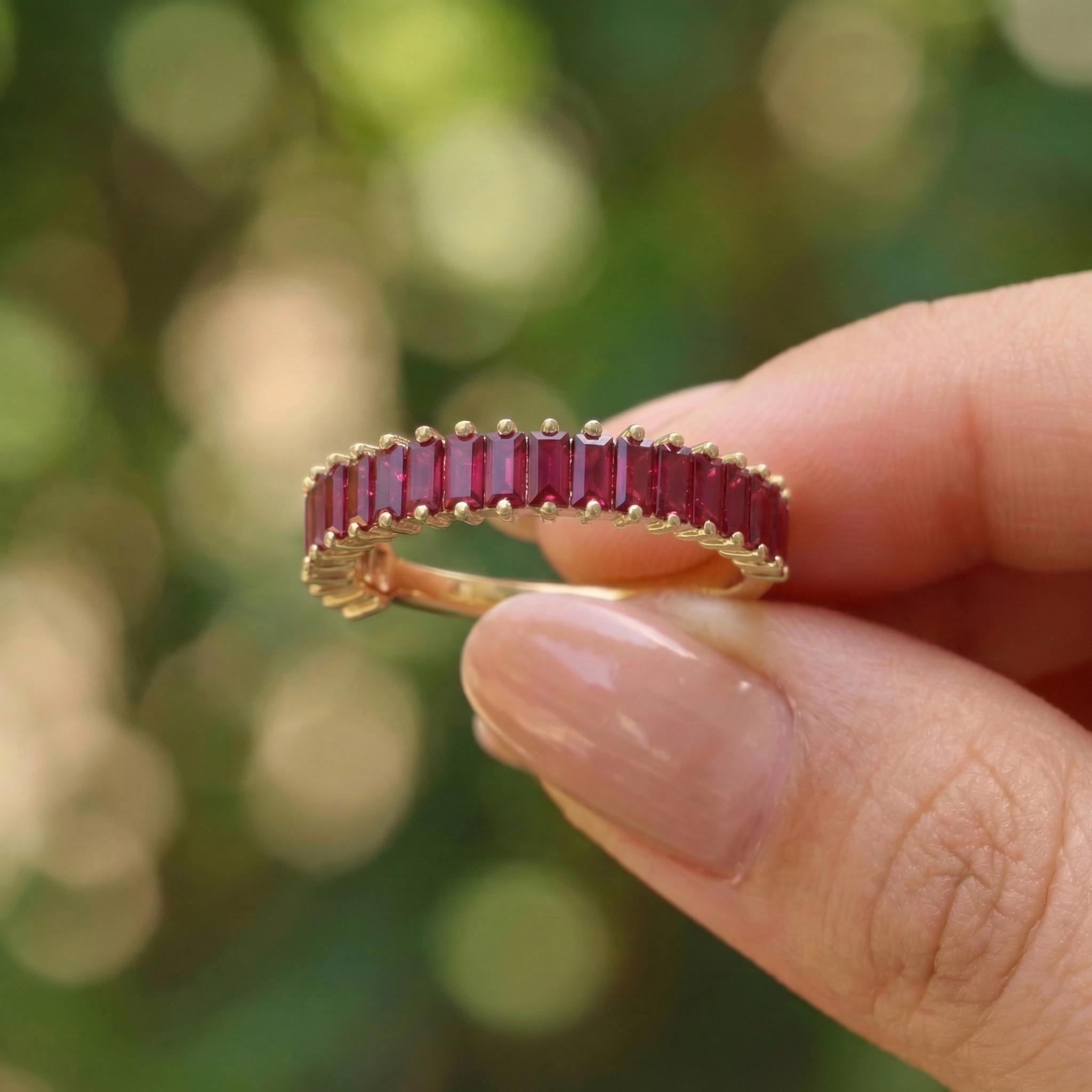 Baguette Ruby Wedding Band, 18K Gold Stackable Ring, Promise Ring Gift for Women, July Birthstone