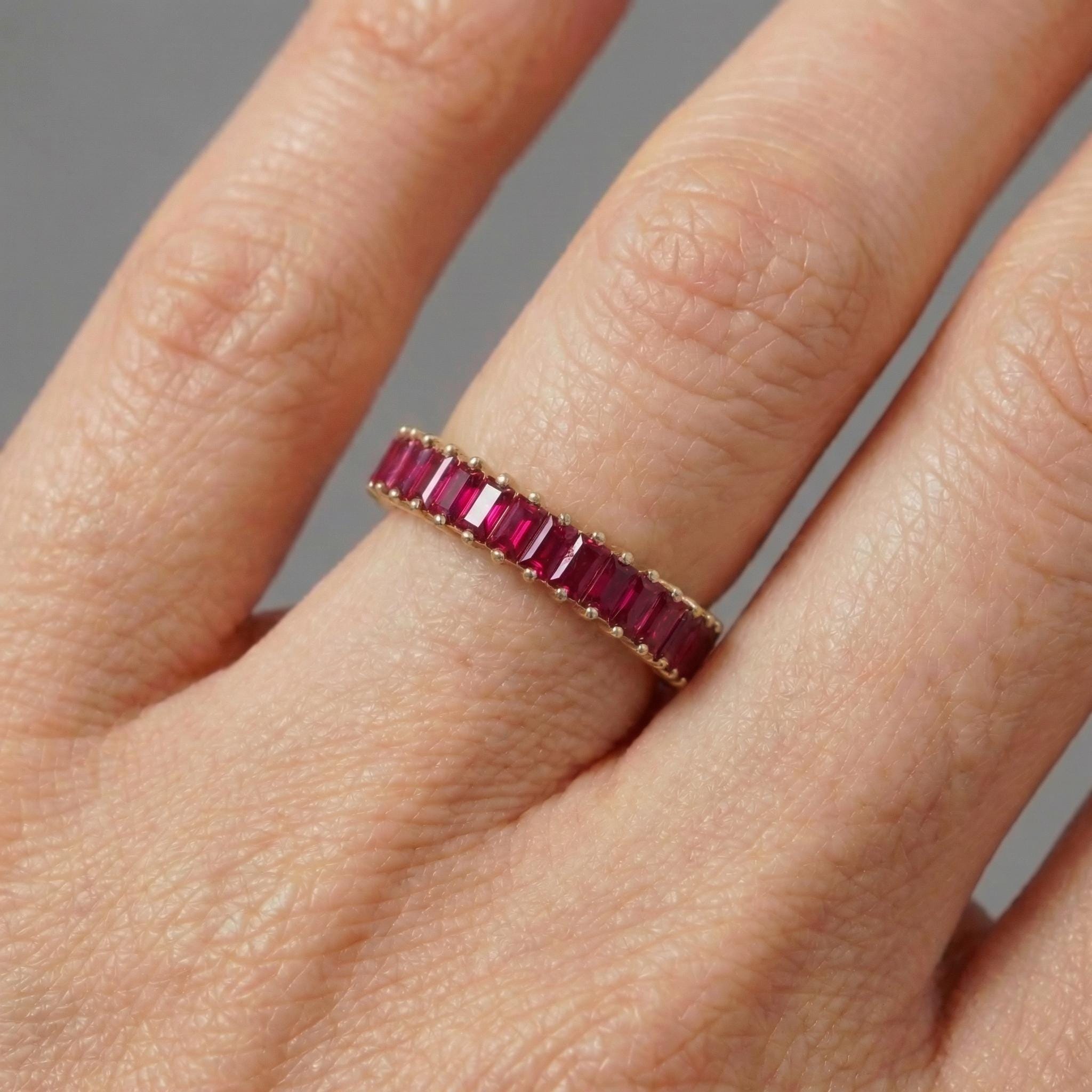 Baguette Ruby Wedding Band, 18K Gold Stackable Ring, Promise Ring Gift for Women, July Birthstone