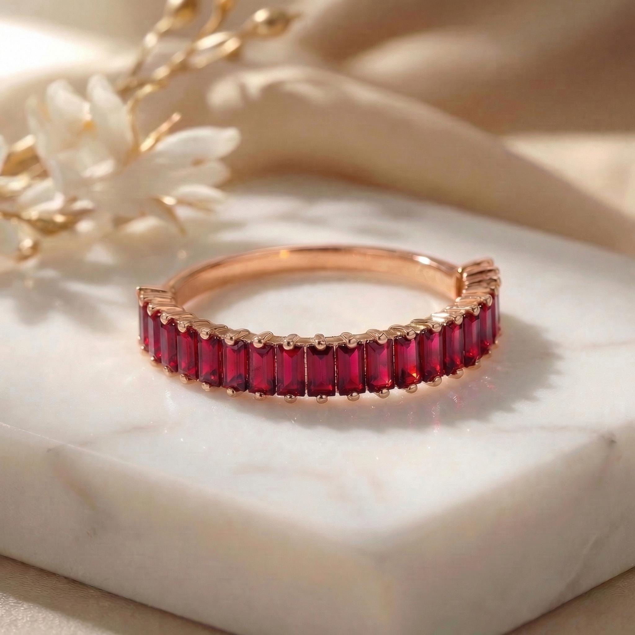 Baguette Ruby Wedding Band, 18K Gold Stackable Ring, Promise Ring Gift for Women, July Birthstone