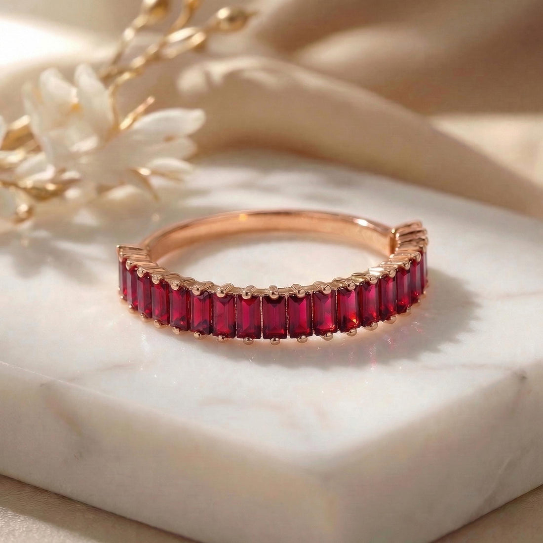 Baguette Ruby Wedding Band, 18K Gold Stackable Ring, Promise Ring Gift for Women, July Birthstone