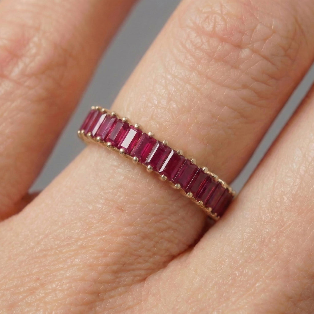 Baguette Ruby Wedding Band, 18K Gold Stackable Ring, Promise Ring Gift for Women, July Birthstone