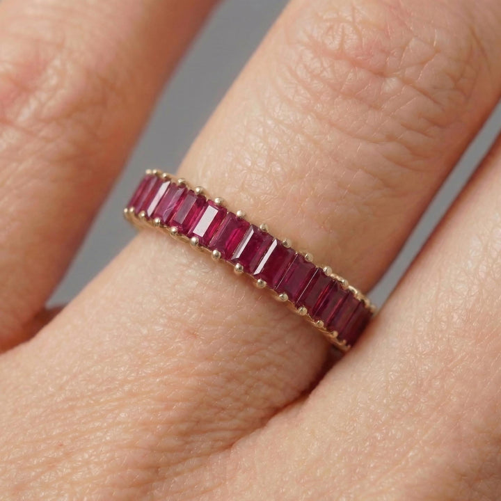 Baguette Ruby Wedding Band, 18K Gold Stackable Ring, Promise Ring Gift for Women, July Birthstone