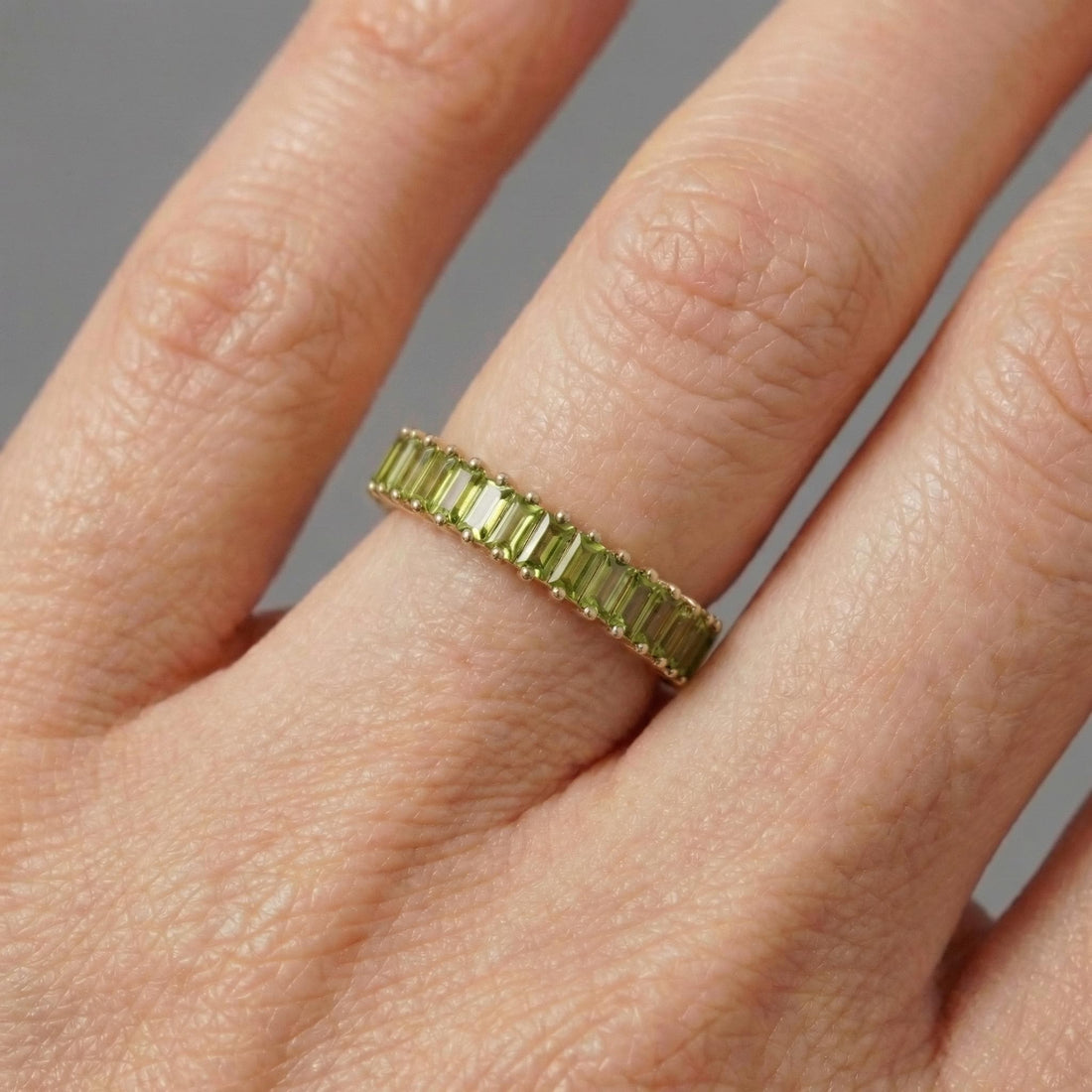 Baguette Peridot Wedding Band, 18K Gold Stackable Ring, Promise Ring Gift for Women, January Birthstone