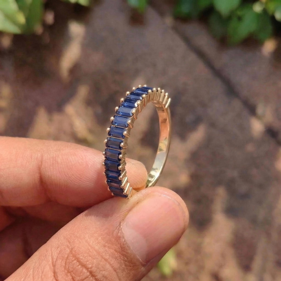 Baguette Blue Sapphire Wedding Band, 18K Gold Stackable Ring, Promise Ring Gift for Women, September Birthstone