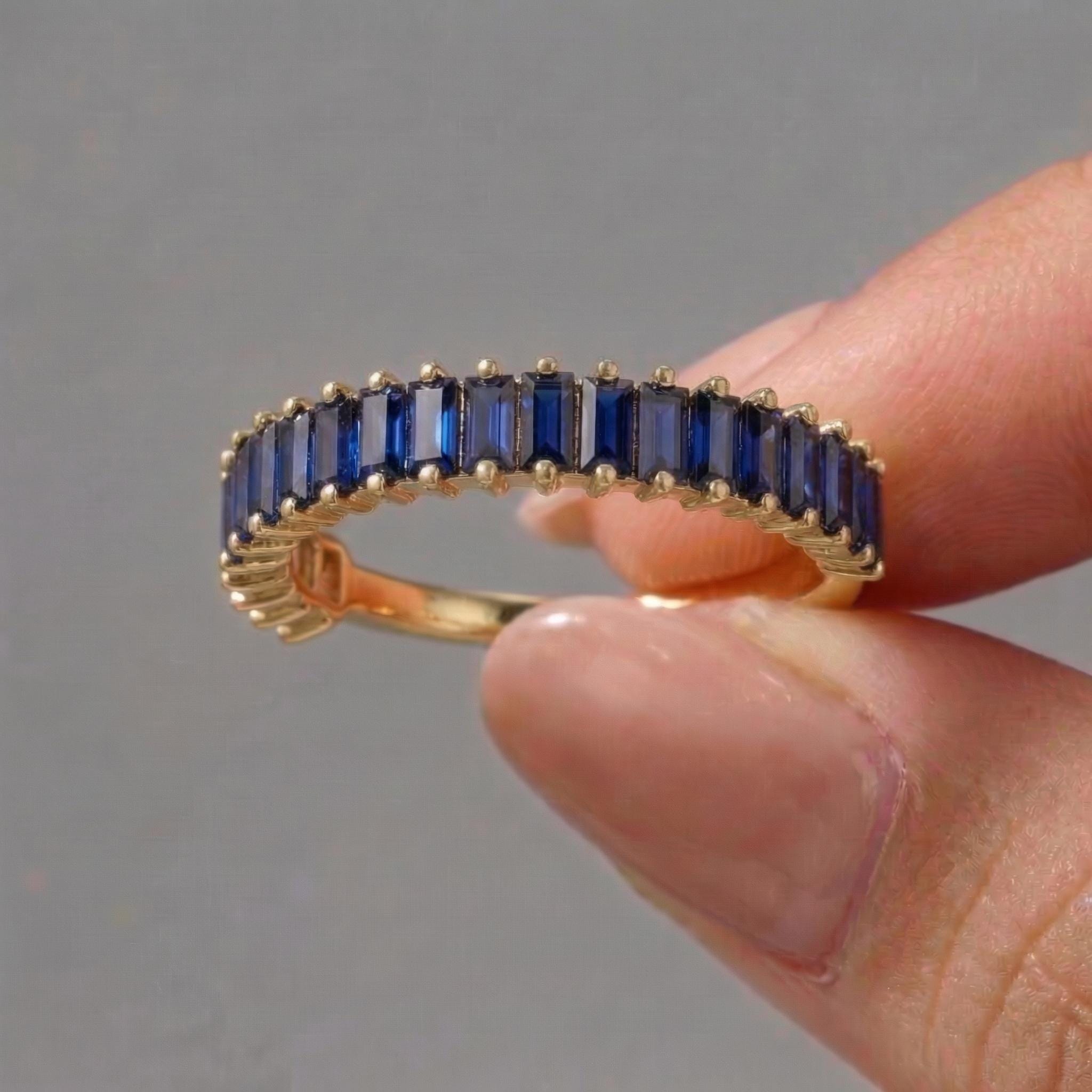 Baguette Blue Sapphire Wedding Band, 18K Gold Stackable Ring, Promise Ring Gift for Women, September Birthstone