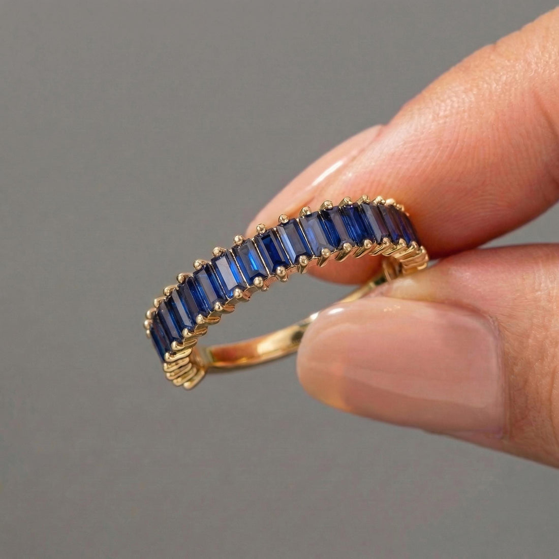 Baguette Blue Sapphire Wedding Band, 18K Gold Stackable Ring, Promise Ring Gift for Women, September Birthstone