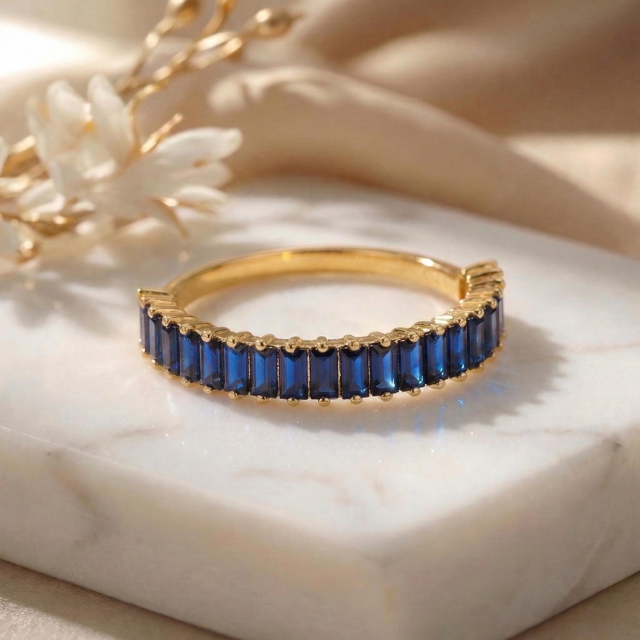 Baguette Blue Sapphire Wedding Band, 18K Gold Stackable Ring, Promise Ring Gift for Women, September Birthstone