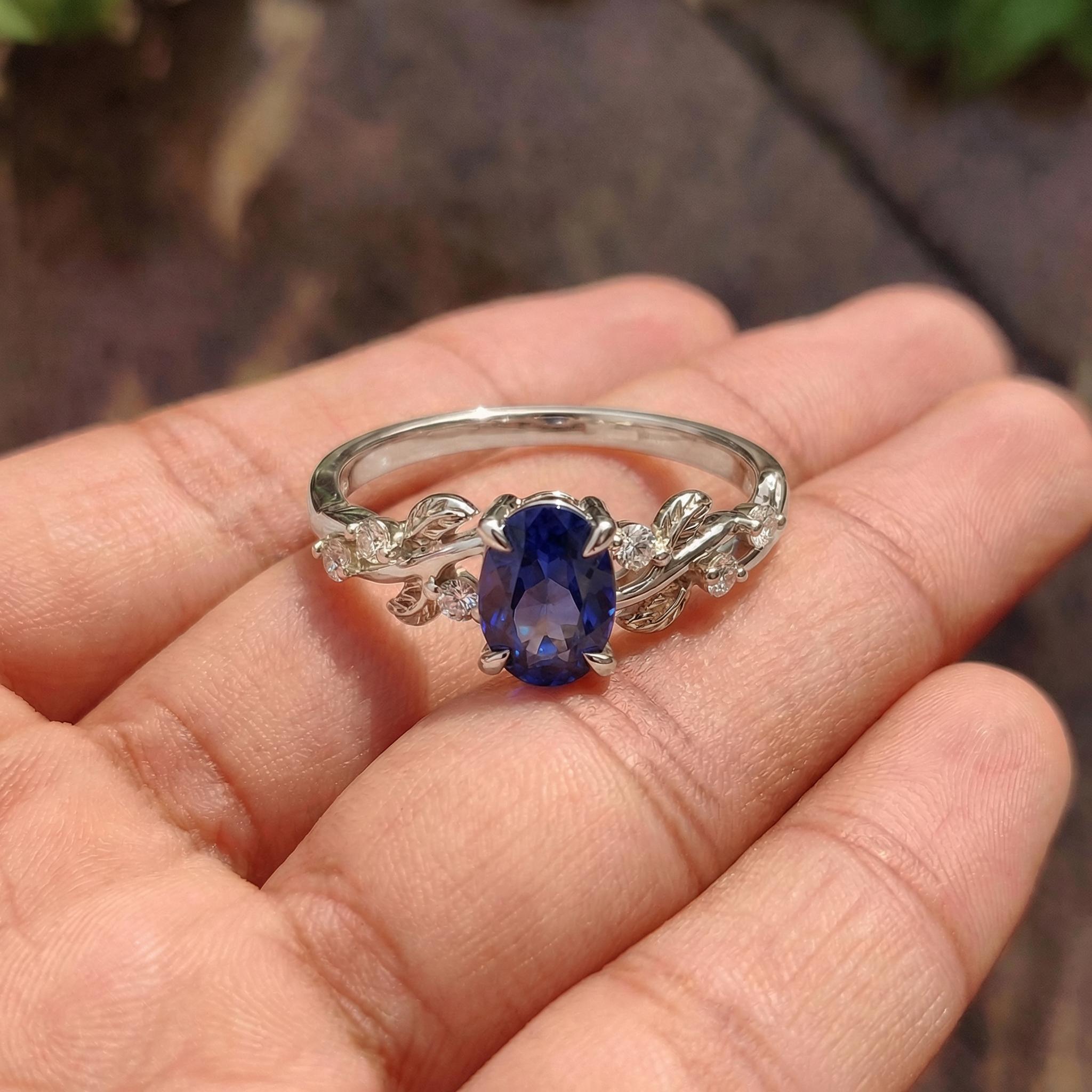 Oval Sapphire Engagement Ring, Nature Inspired Leaf Branch Twist Ring, Wedding Ring for Women, Anniversary Gift