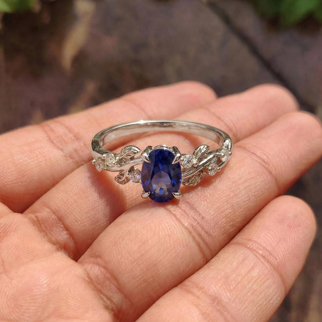 Oval Sapphire Engagement Ring, Nature Inspired Leaf Branch Twist Ring, Wedding Ring for Women, Anniversary Gift