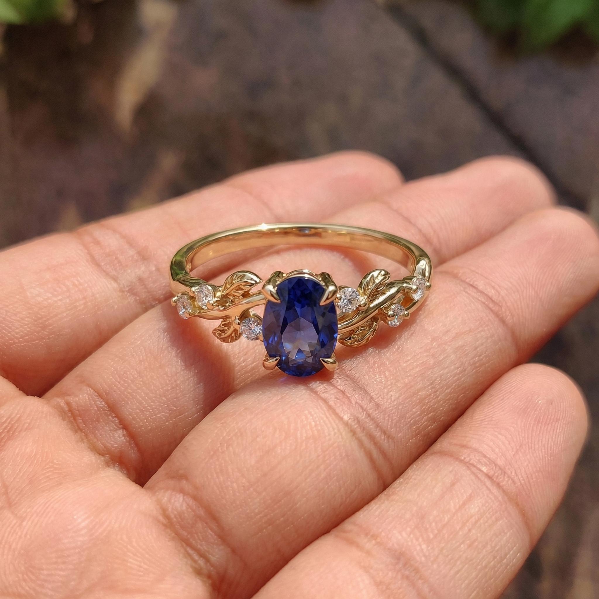 Oval Sapphire Engagement Ring, Nature Inspired Leaf Branch Twist Ring, Wedding Ring for Women, Anniversary Gift