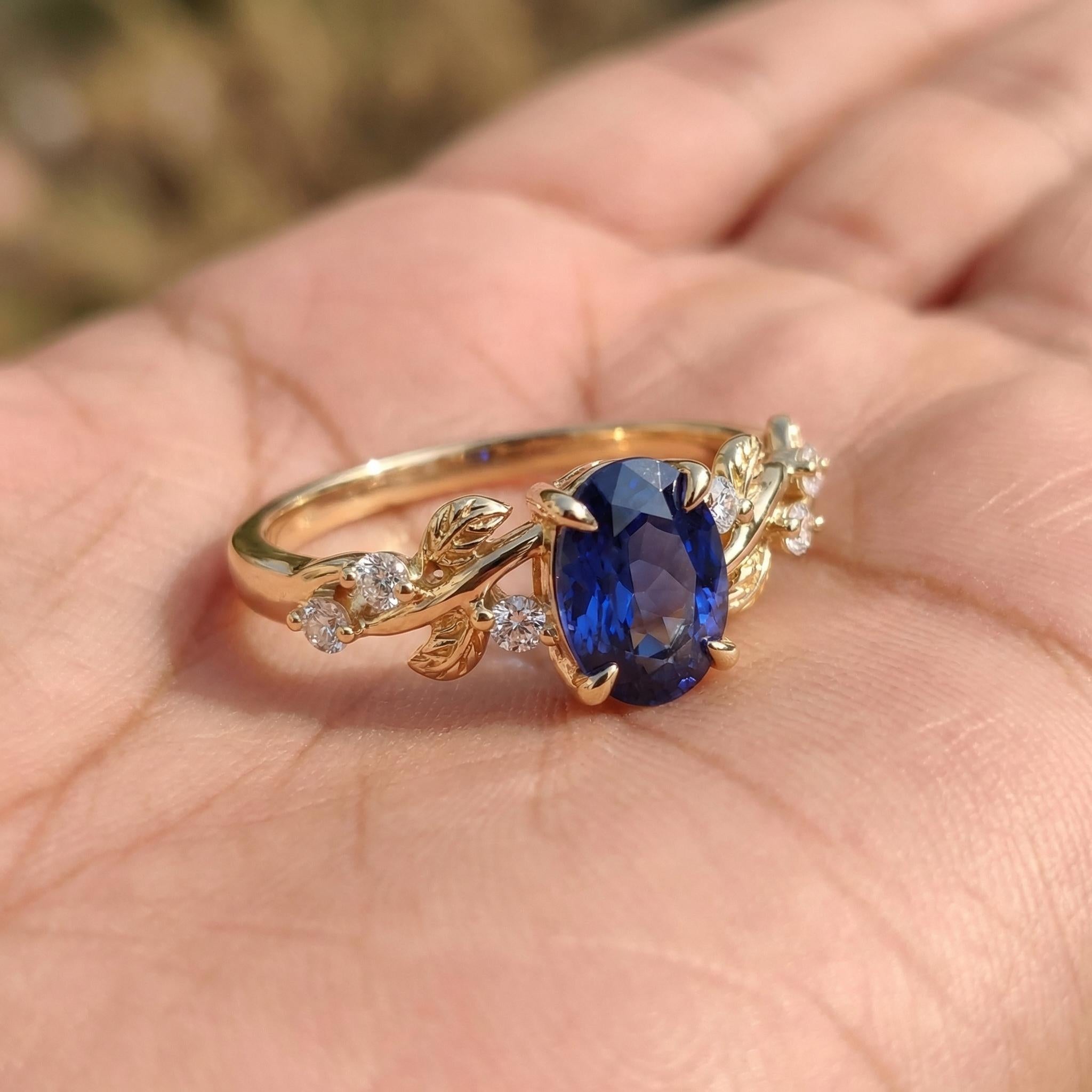 Oval Sapphire Engagement Ring, Nature Inspired Leaf Branch Twist Ring, Wedding Ring for Women, Anniversary Gift