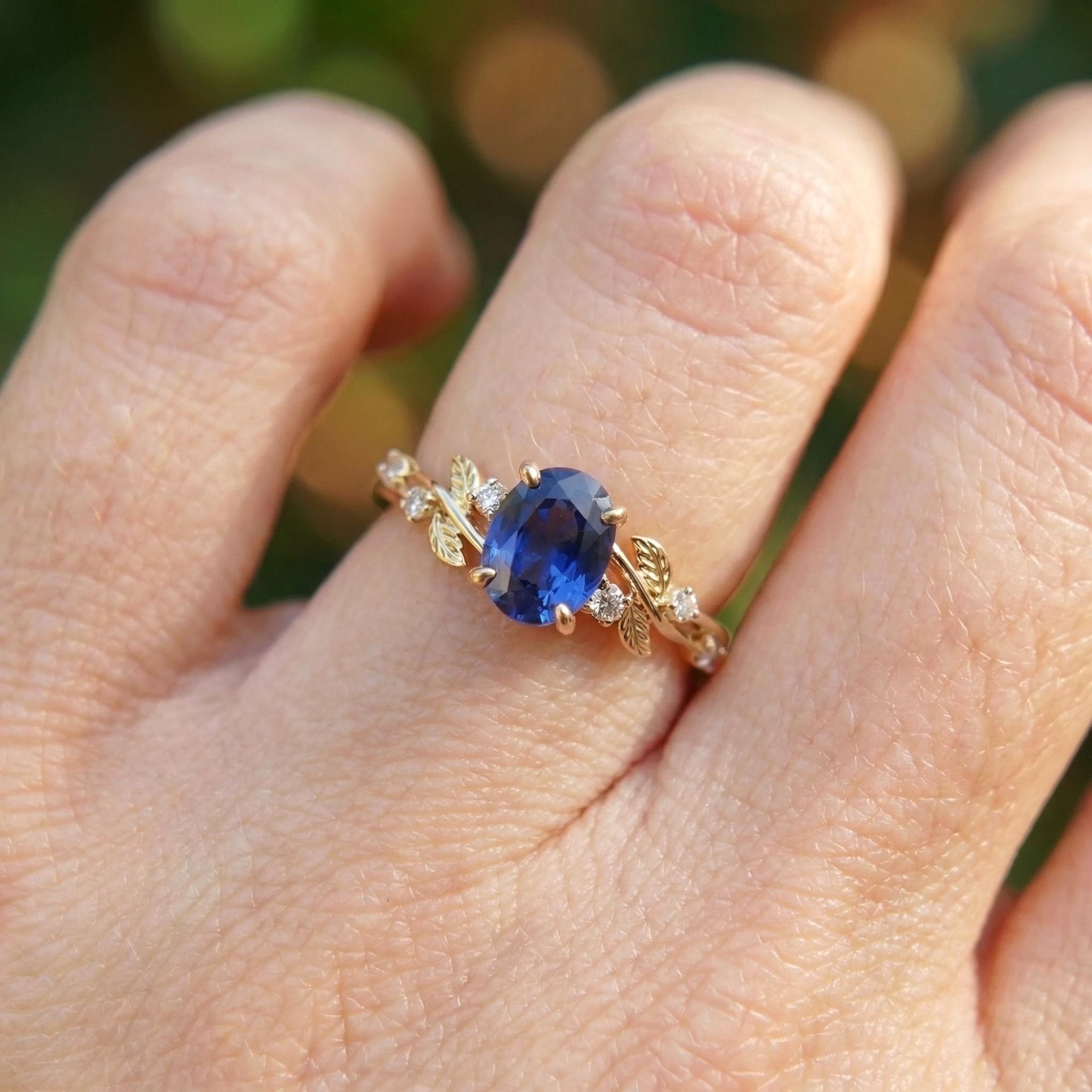 Oval Sapphire Engagement Ring, Nature Inspired Leaf Branch Twist Ring, Wedding Ring for Women, Anniversary Gift