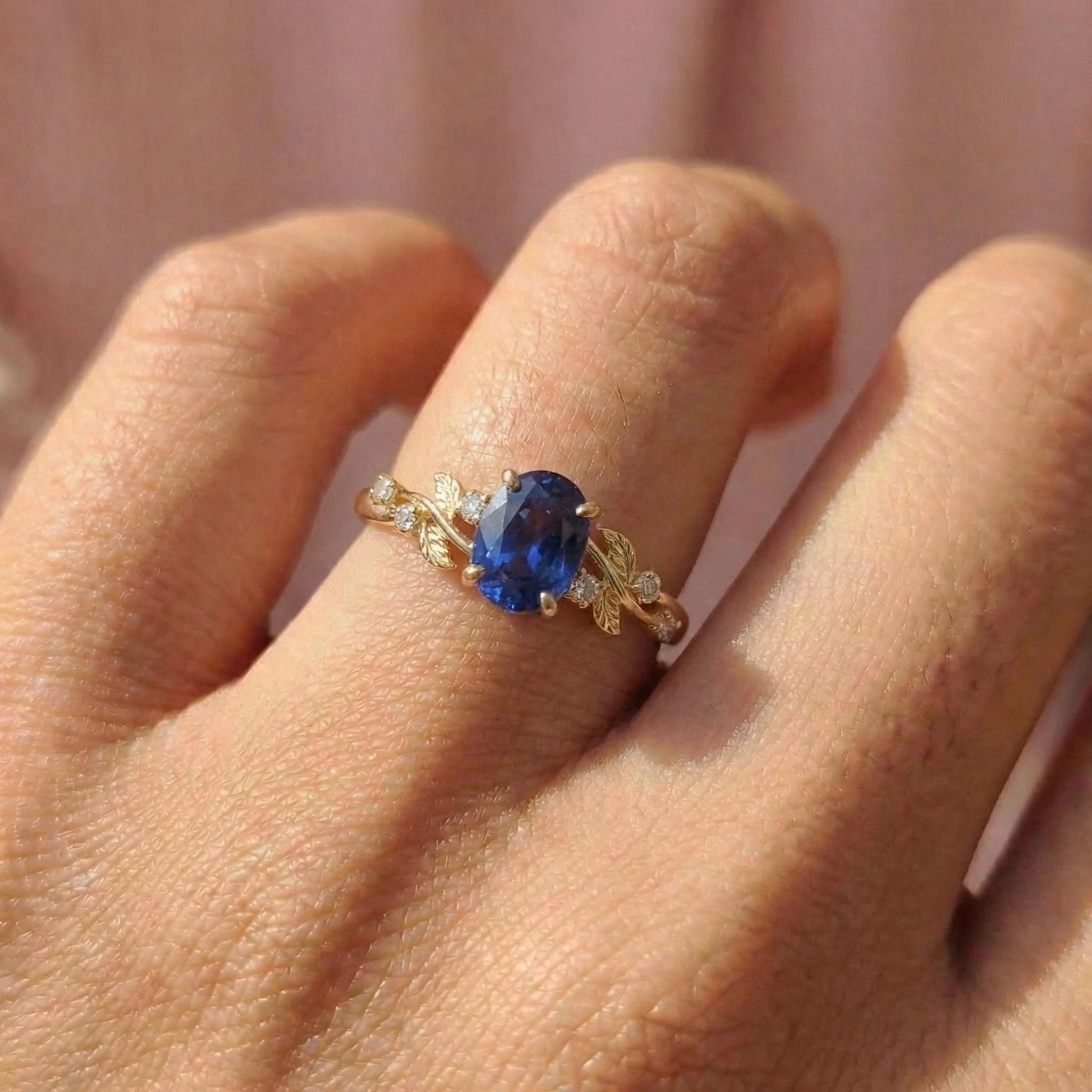Oval Sapphire Engagement Ring, Nature Inspired Leaf Branch Twist Ring, Wedding Ring for Women, Anniversary Gift