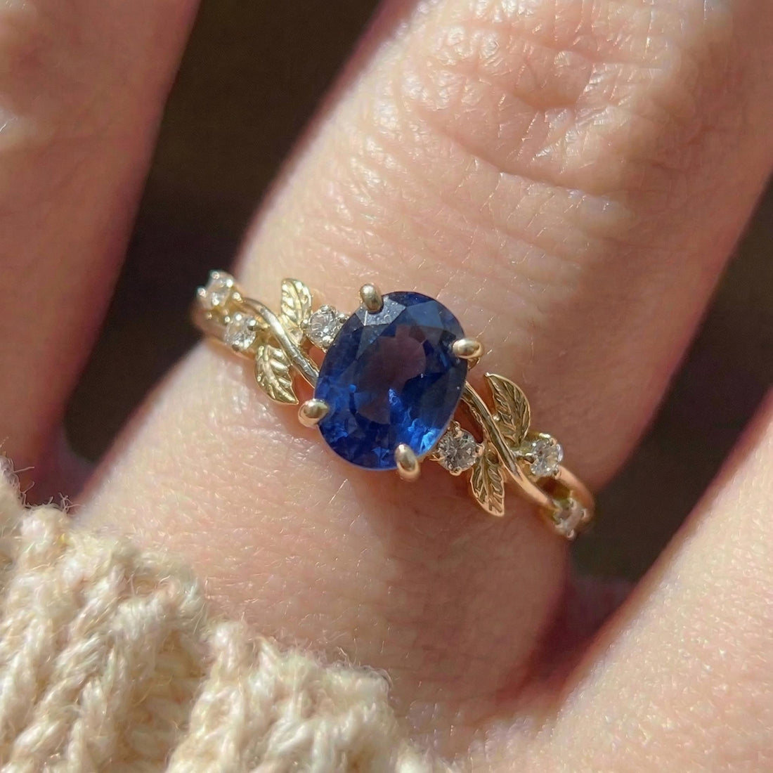 Oval Sapphire Engagement Ring, Nature Inspired Leaf Branch Twist Ring, Wedding Ring for Women, Anniversary Gift