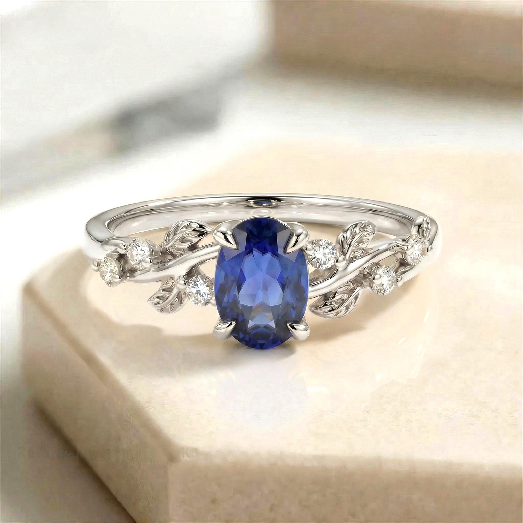 Oval Sapphire Engagement Ring, Nature Inspired Leaf Branch Twist Ring, Wedding Ring for Women, Anniversary Gift