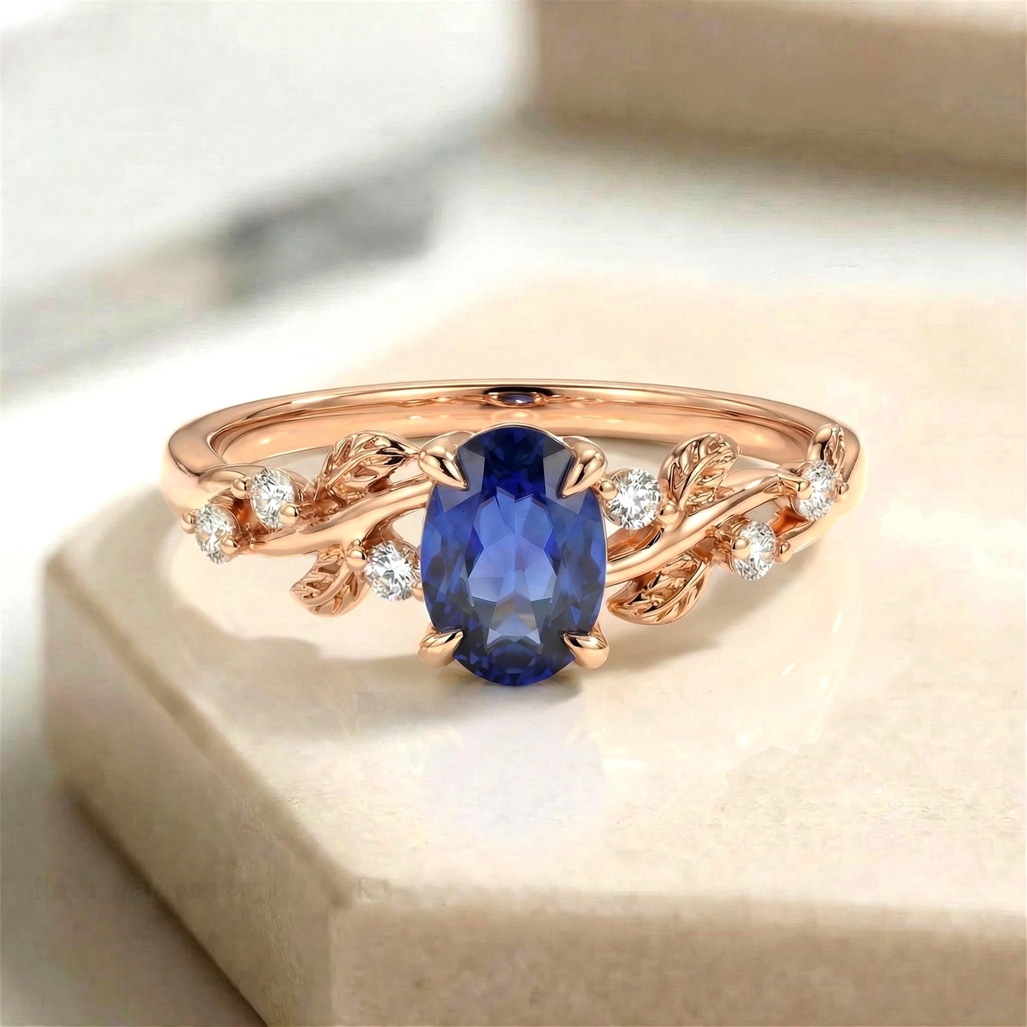 Oval Sapphire Engagement Ring, Nature Inspired Leaf Branch Twist Ring, Wedding Ring for Women, Anniversary Gift