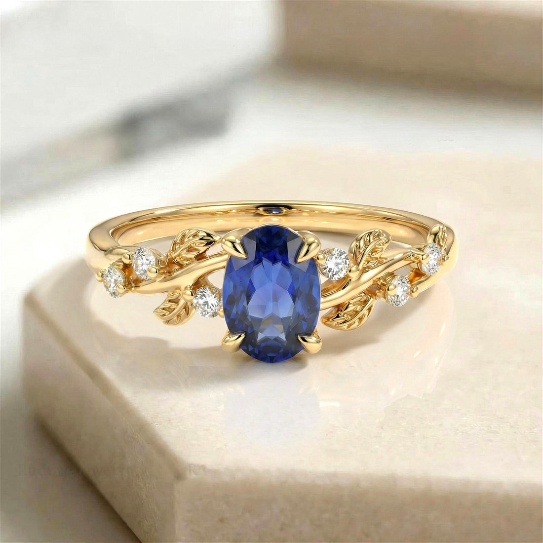 Oval Sapphire Engagement Ring, Nature Inspired Leaf Branch Twist Ring, Wedding Ring for Women, Anniversary Gift
