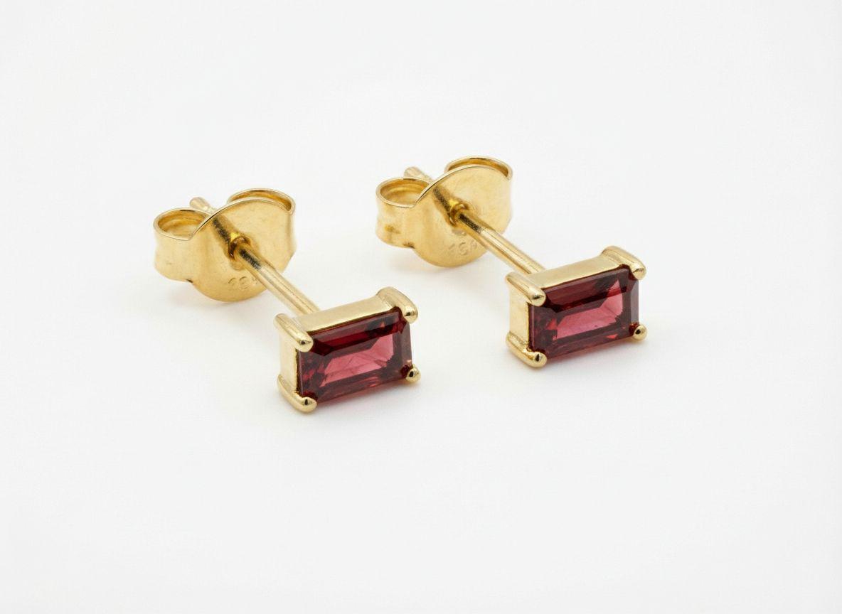 Garnet Pair Of Earrings Deep Red Birthday Gift For Her January Birthstone Jewelry Minimalist Emerald Cut Studs