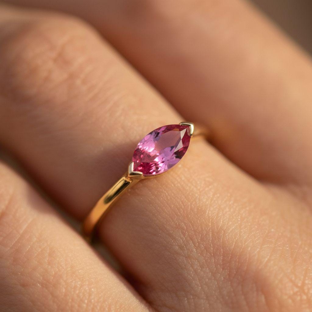East West Marquise Pink Tourmaline Travel Ring | Minimalist Solitaire Engagement Ring | Dainty Marquise Cut Promise Ring | October Birthston