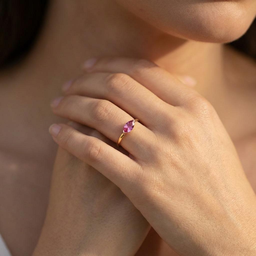 East West Marquise Pink Tourmaline Travel Ring | Minimalist Solitaire Engagement Ring | Dainty Marquise Cut Promise Ring | October Birthston
