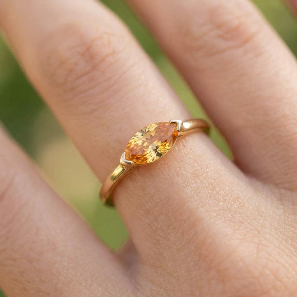 East West Marquise Citrine Travel Ring, 14K Sold Gold Solitaire Engagement Ring, Dainty Marquise Cut Promise Ring, November Birthstone Ring