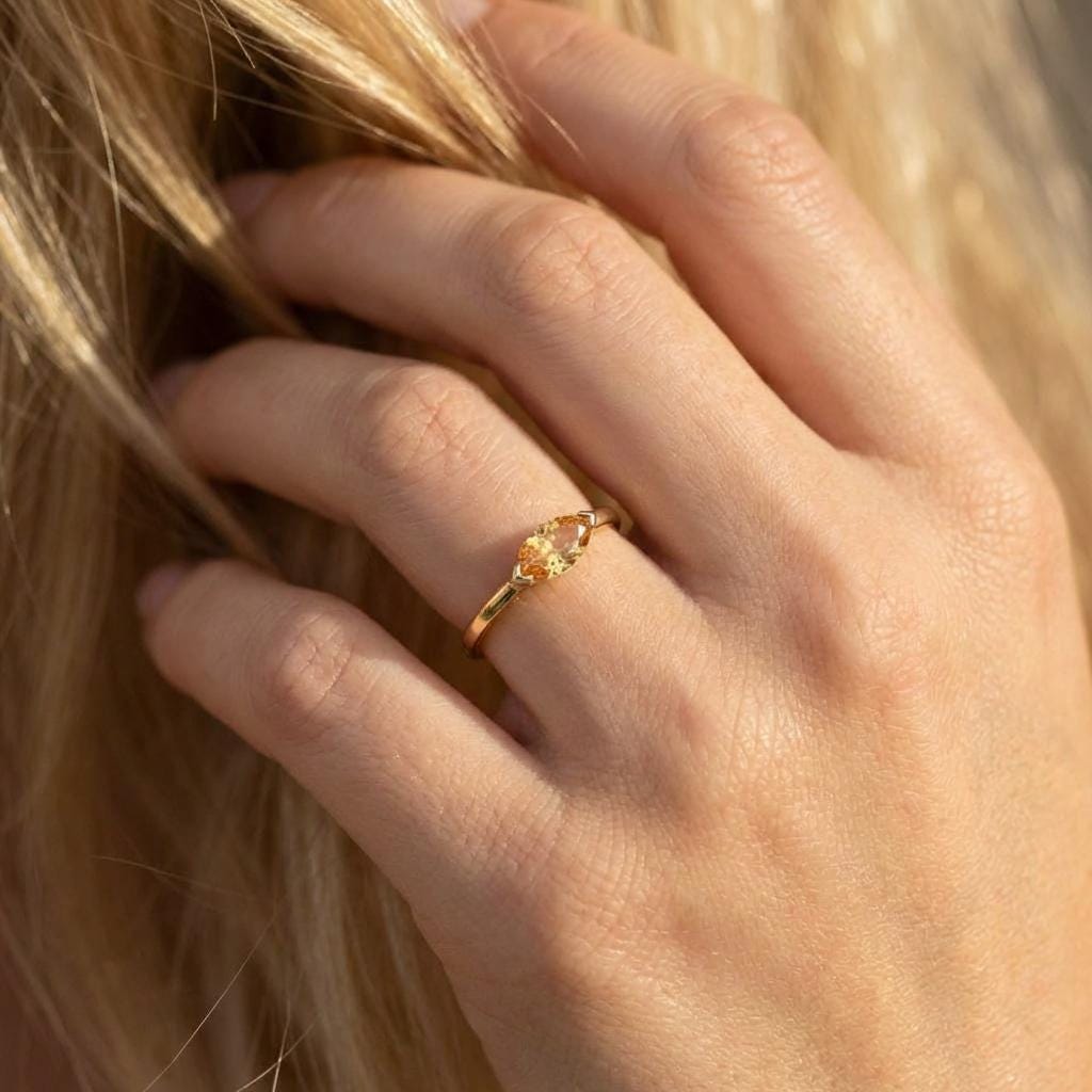 East West Marquise Citrine Travel Ring, 14K Sold Gold Solitaire Engagement Ring, Dainty Marquise Cut Promise Ring, November Birthstone Ring