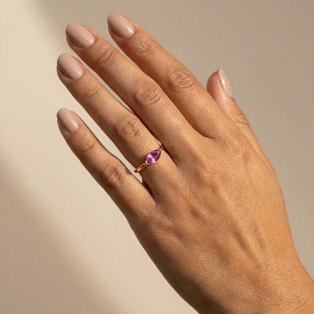 East West Marquise Pink Sapphire Travel Ring | Minimalist Solitaire Engagement Ring | Dainty Marquise Cut Promise Ring September Birthstone