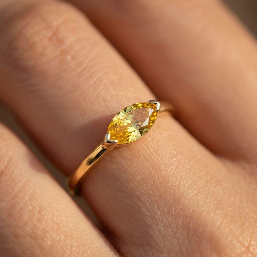 East West Marquise Yellow Sapphire Travel Ring, Minimalist Solitaire Engagement Ring, Dainty Marquise Cut Promise Ring, September Birthstone