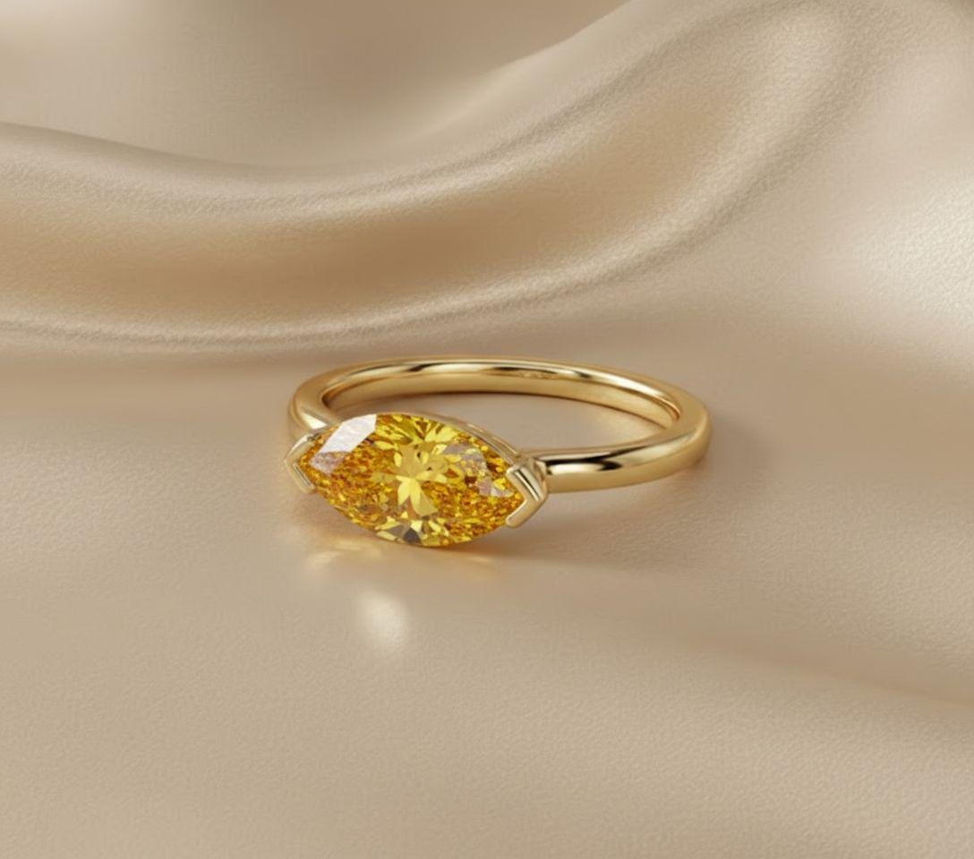 East West Marquise Yellow Sapphire Travel Ring, Minimalist Solitaire Engagement Ring, Dainty Marquise Cut Promise Ring, September Birthstone