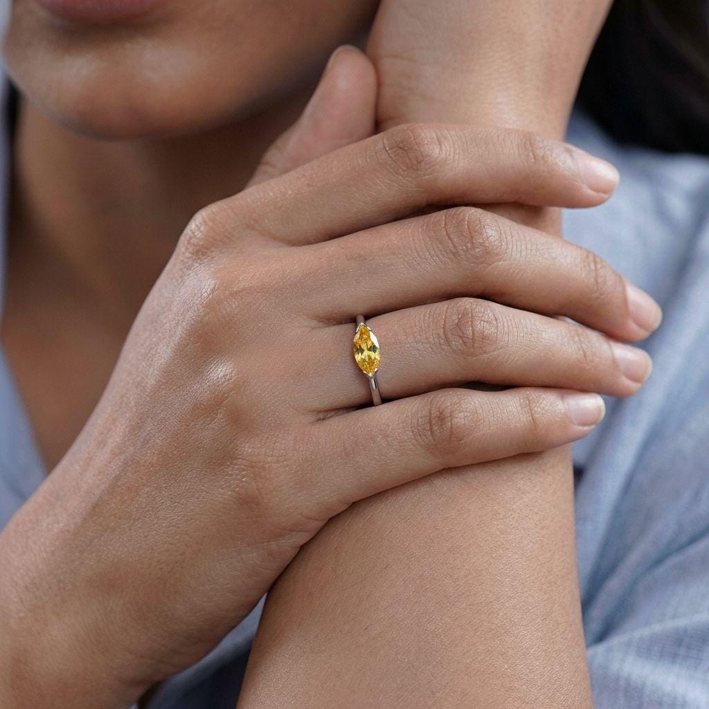 East West Marquise Yellow Sapphire Travel Ring, Minimalist Solitaire Engagement Ring, Dainty Marquise Cut Promise Ring, September Birthstone