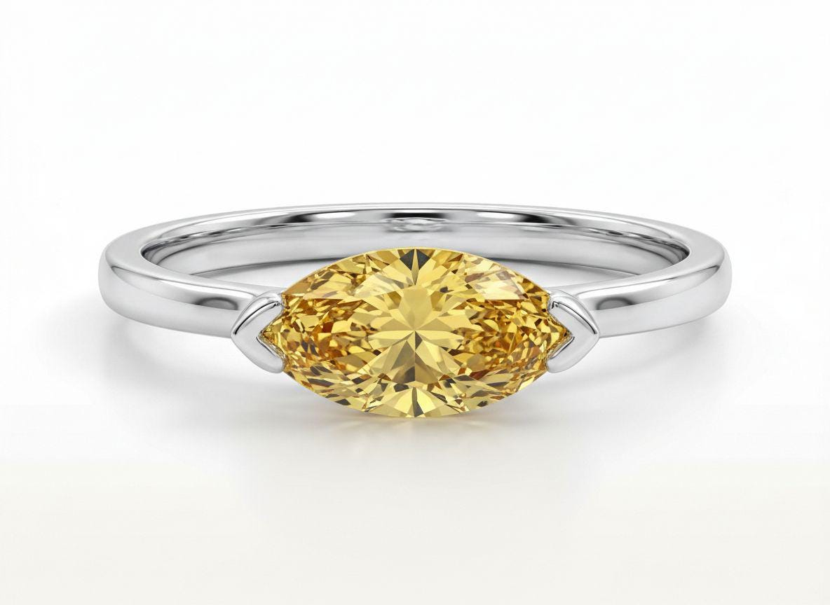 East West Marquise Yellow Sapphire Travel Ring, Minimalist Solitaire Engagement Ring, Dainty Marquise Cut Promise Ring, September Birthstone
