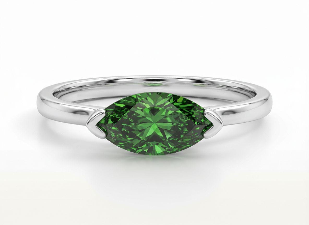 East West Marquise Green Sapphire Travel Ring, Minimalist Solitaire Engagement Ring, Dainty Marquise Cut Promise Ring, September Birthstone