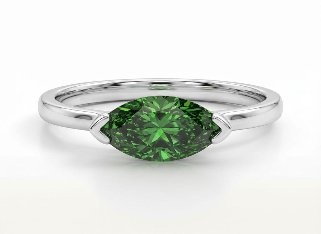 East West Marquise Green Sapphire Travel Ring, Minimalist Solitaire Engagement Ring, Dainty Marquise Cut Promise Ring, September Birthstone