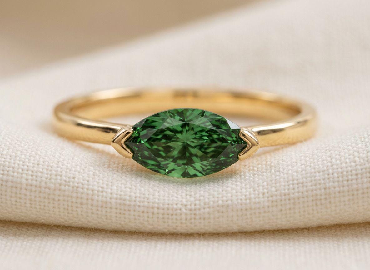 East West Marquise Green Sapphire Travel Ring, Minimalist Solitaire Engagement Ring, Dainty Marquise Cut Promise Ring, September Birthstone