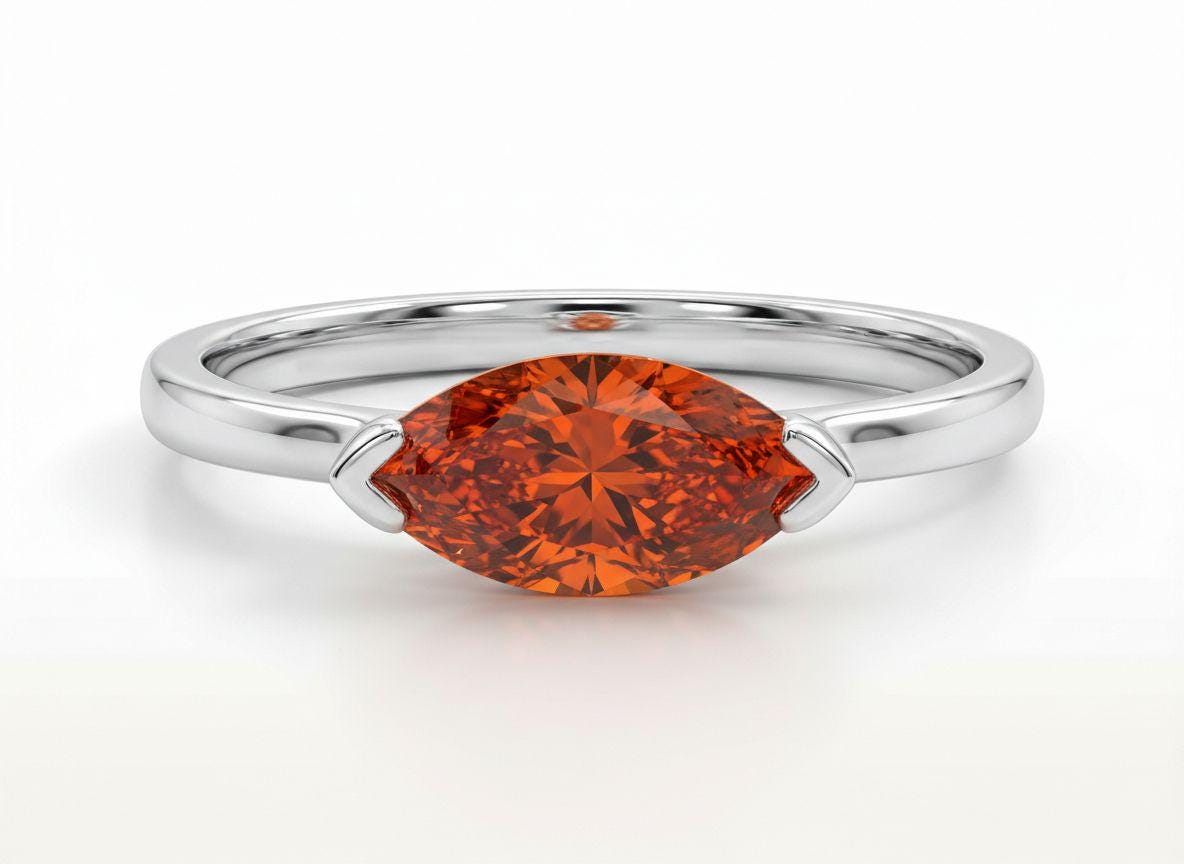 East West Marquise Orange Sapphire Travel Ring, Minimalist Solitaire Engagement Ring, Dainty Marquise Cut Promise Ring, September Birthstone