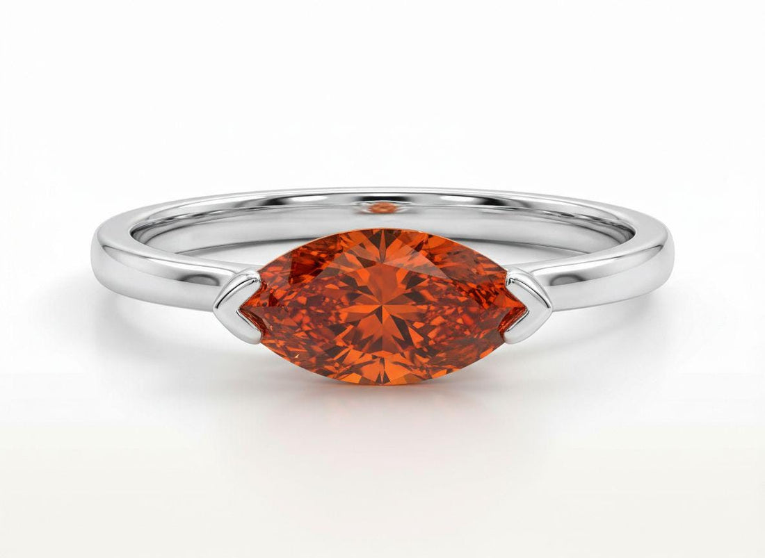 East West Marquise Orange Sapphire Travel Ring, Minimalist Solitaire Engagement Ring, Dainty Marquise Cut Promise Ring, September Birthstone