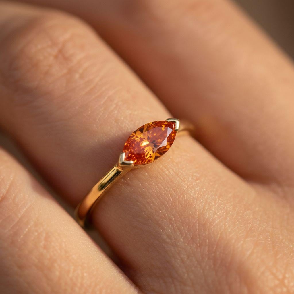 East West Marquise Orange Sapphire Travel Ring, Minimalist Solitaire Engagement Ring, Dainty Marquise Cut Promise Ring, September Birthstone